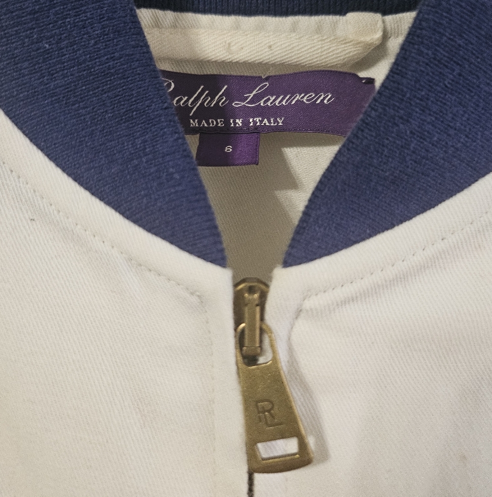 Ralph Lauren Collection White Linen Blend Navy Bomber Jacket - Picture 8 of 8